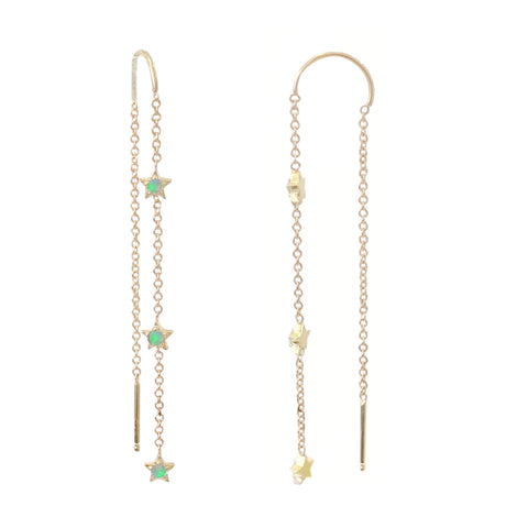 14K Gold Triple Opal Star Threader Chain Earrings