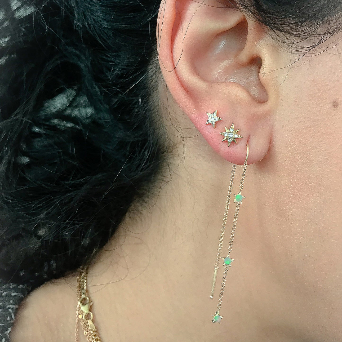 14K Gold Triple Opal Star Threader Chain Earrings