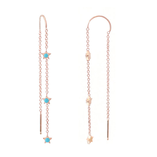 14K Gold Triple Turquoise Star Threader Chain Earrings