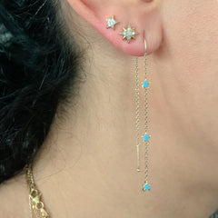 14K Gold Triple Turquoise Star Threader Chain Earrings