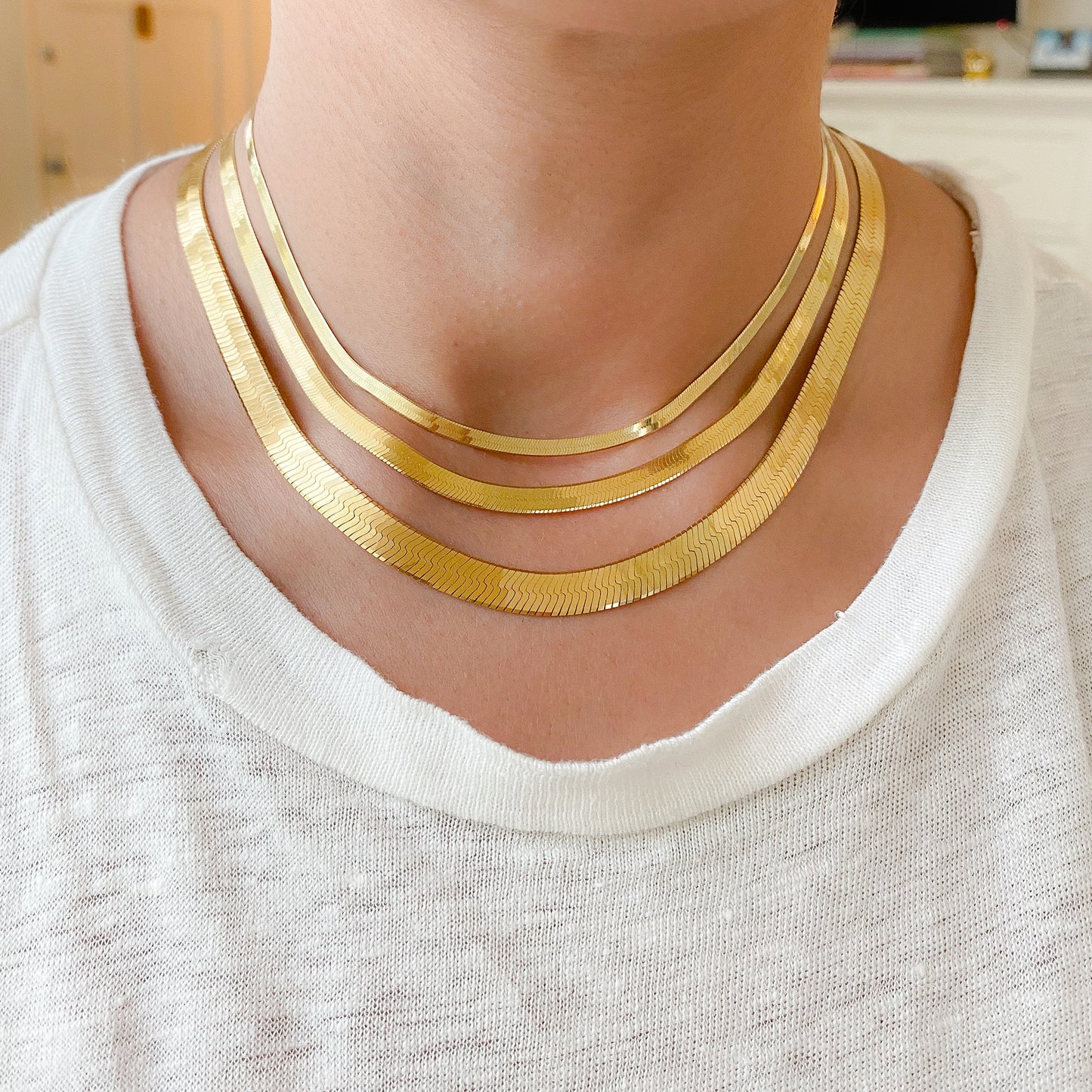 14K Gold Herringbone Chain Necklace ~ 3mm Width