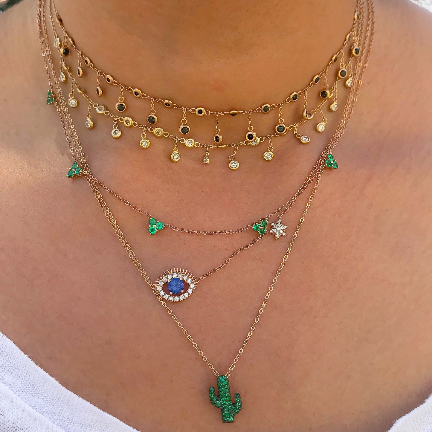 14K Gold Pavé Emerald Cactus Necklace, Small Size