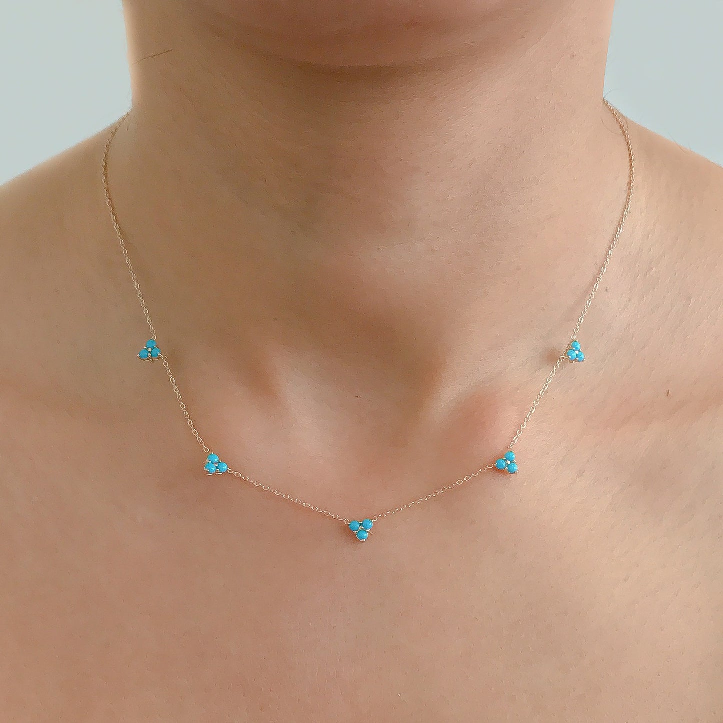 14K Gold Turquoise 5 Trinity Cluster Charm Necklace