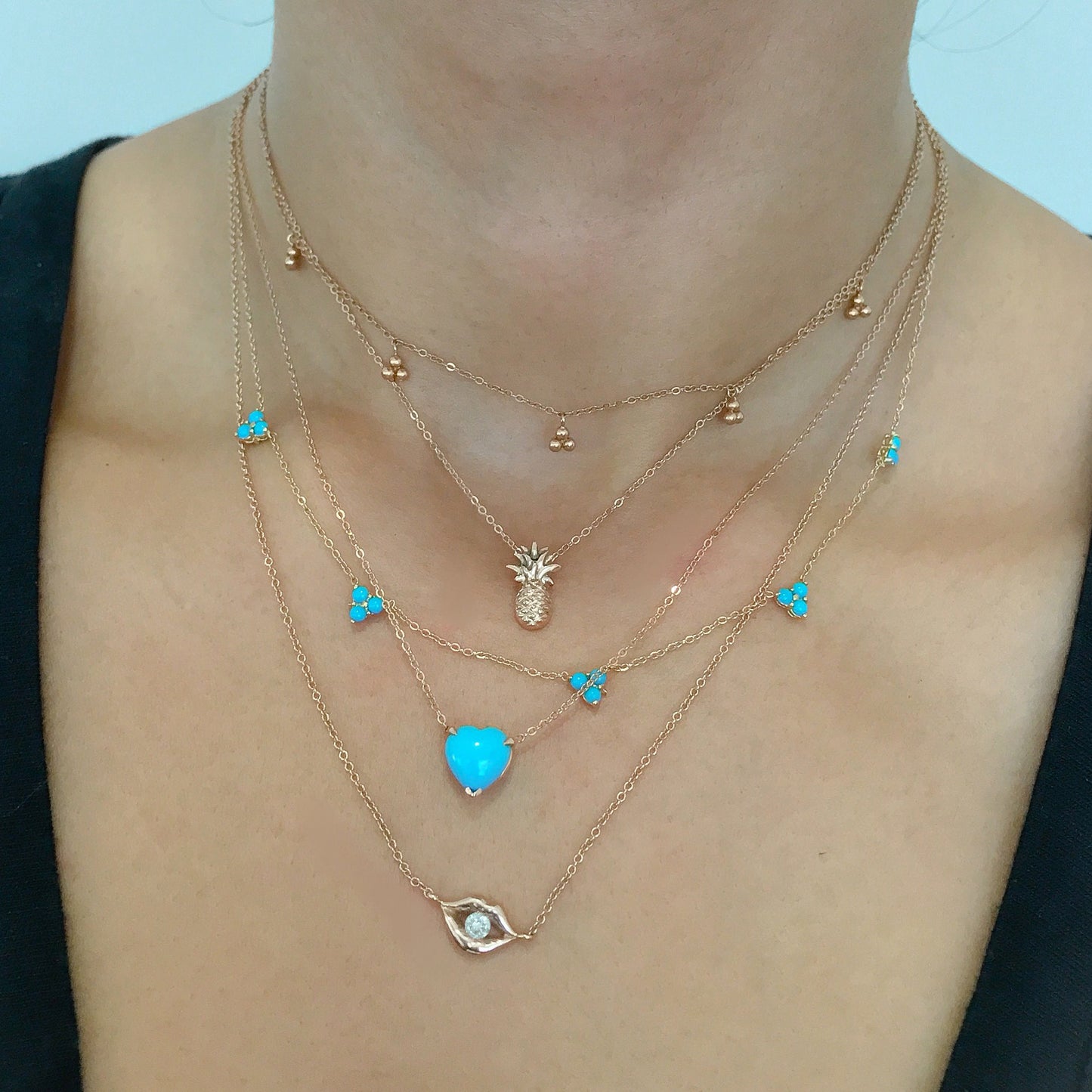 14K Gold Turquoise 5 Trinity Cluster Charm Necklace