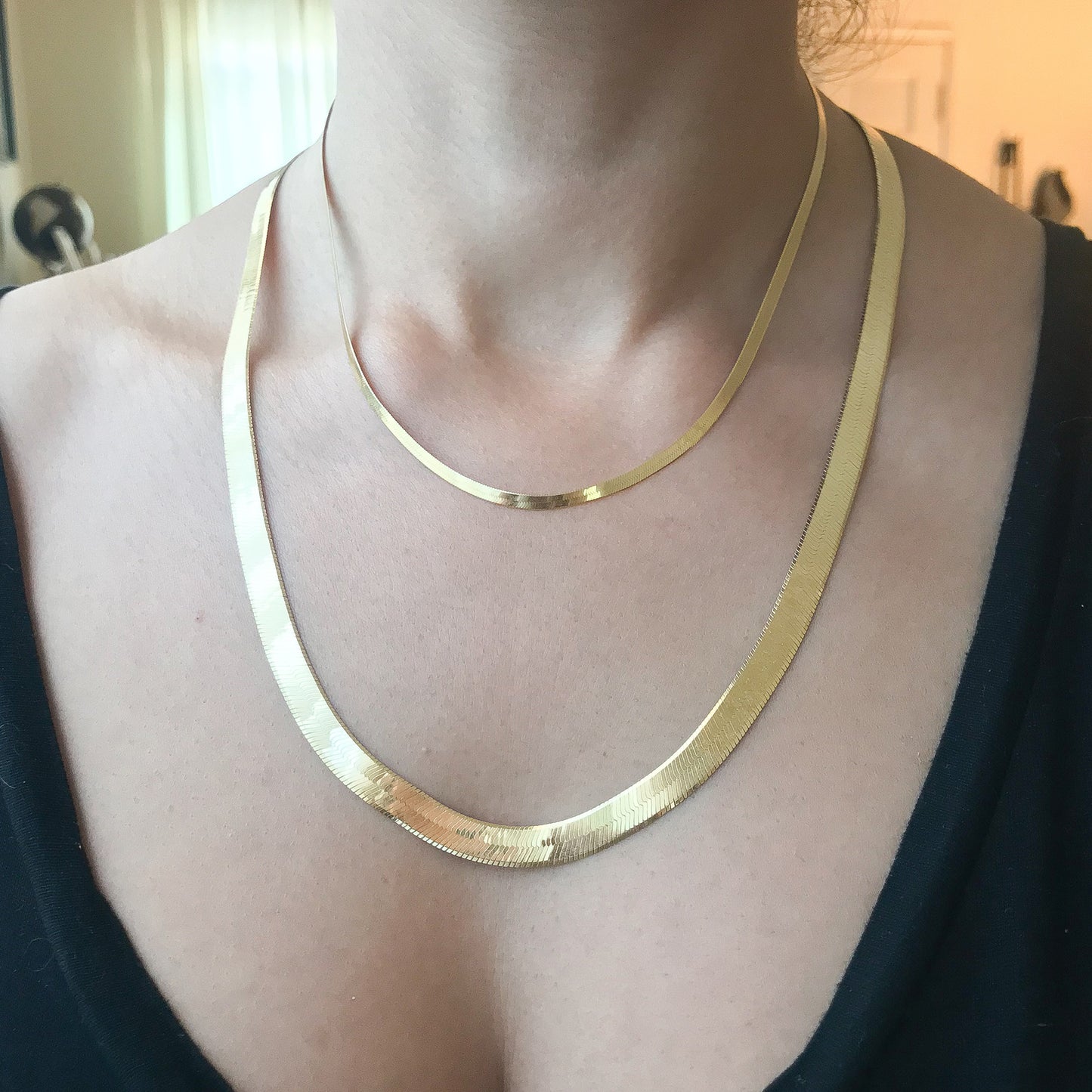 14K Gold Herringbone Chain Necklace ~ 6.75mm Width