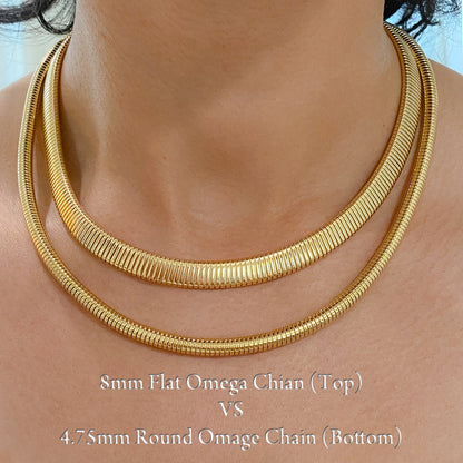 14K Gold Flat Omega Chain Necklace ~ 8mm Width