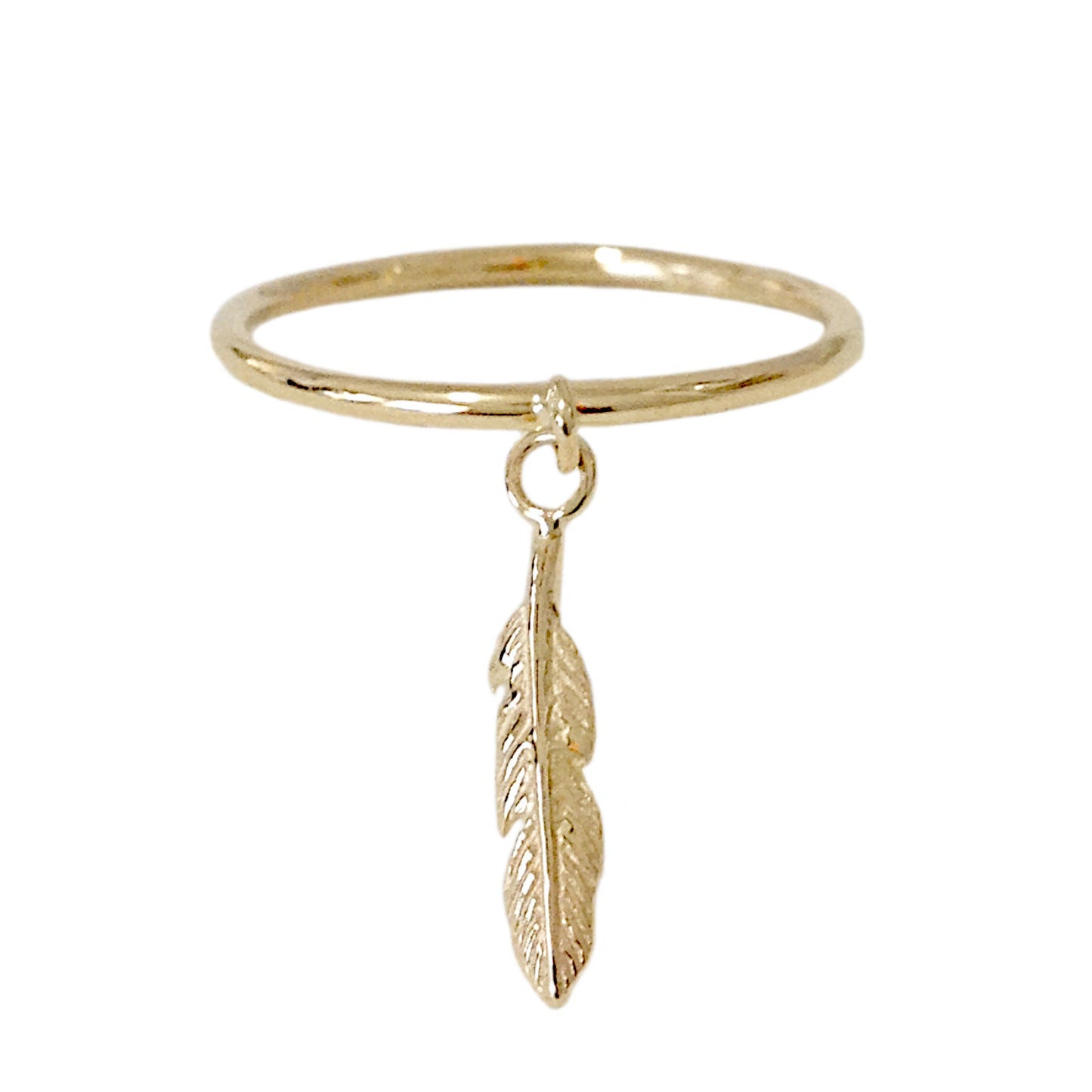 14K Gold XS Feather Dangle Charm Ring