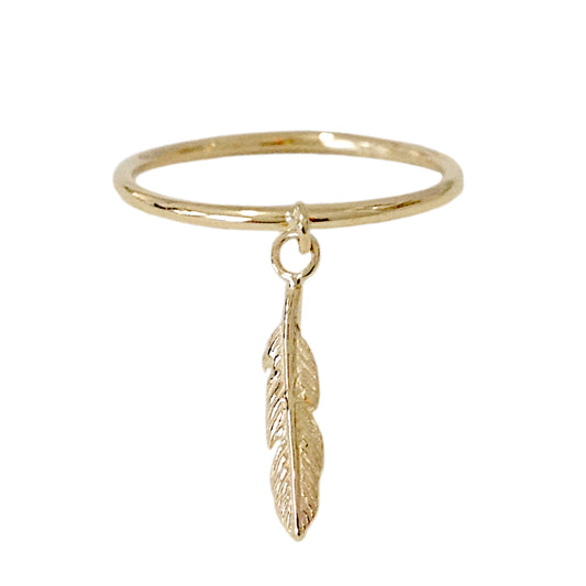 14K Gold XS Feather Dangle Charm Ring