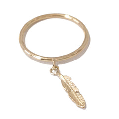 14K Gold XS Feather Dangle Charm Ring