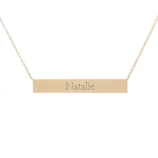 14K Gold Engravable Bar Pendant Necklace with Diamond Accent