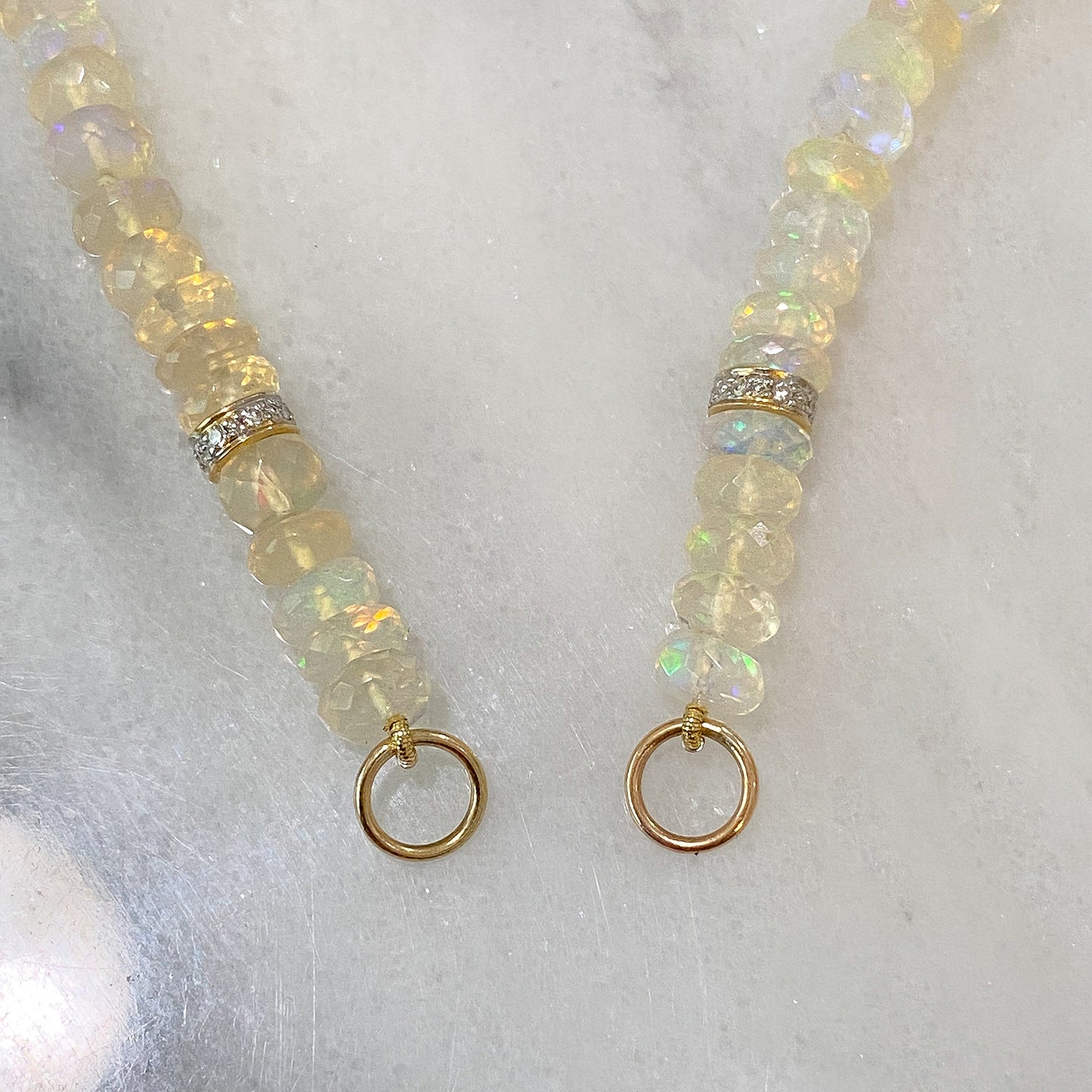 14K Gold White Opal & Diamond Beaded Necklace