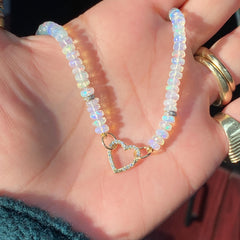 14K Gold White Opal & Diamond Beaded Necklace