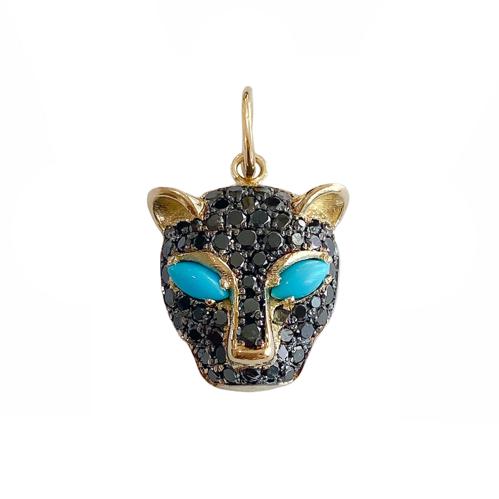 14K Gold Black Diamond Pavé Panther Charm Pendant ~ Marquise Turquoise Eyes