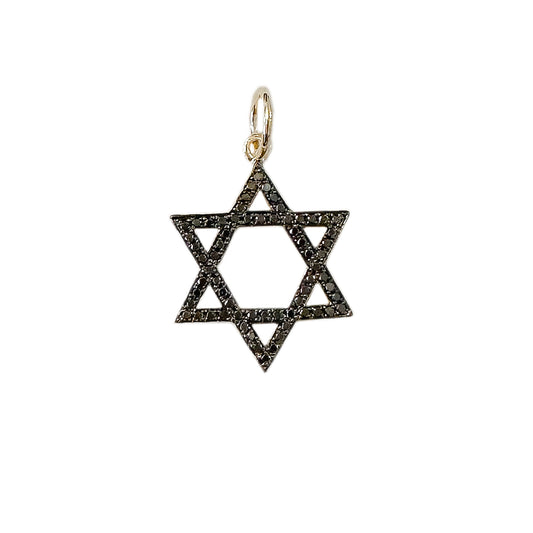 14K Gold Black Diamond Star of David Charm Pendant, Medium Size