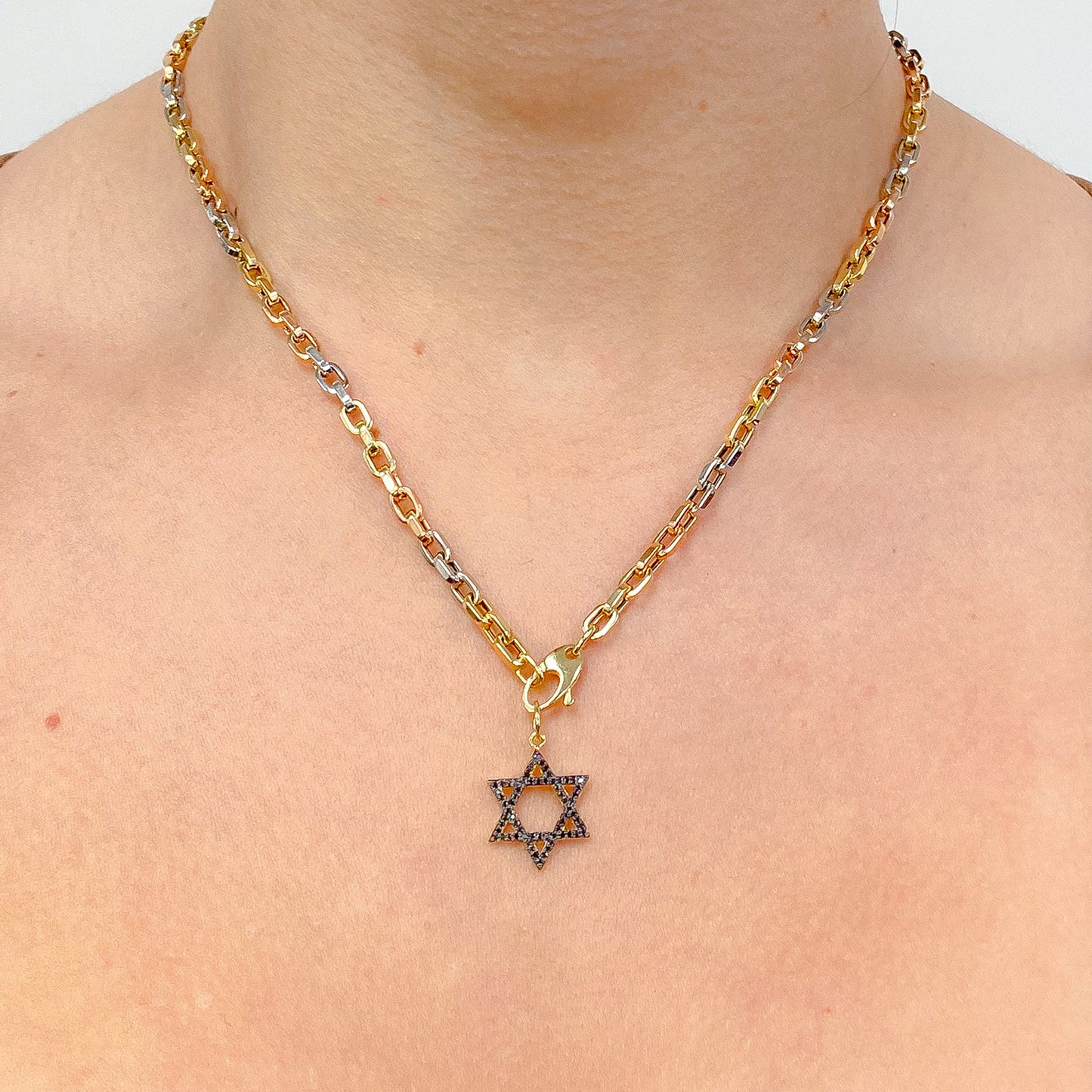 14K Gold Black Diamond Star of David Charm Pendant, Medium Size