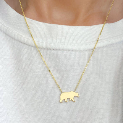 14K Gold Bruin Bear Charm Necklace (Engravable)