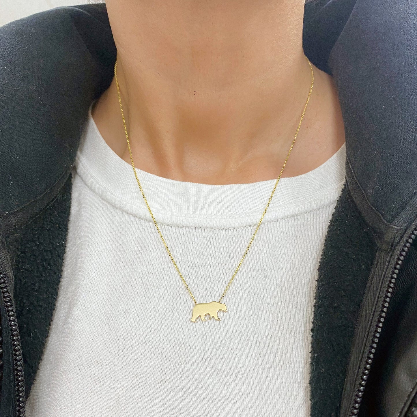 14K Gold Bruin Bear Charm Necklace (Engravable)