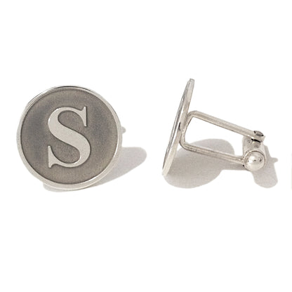 Sterling Silver Initial Letter Cameo Engraved Coin Cufflinks, Classic Font