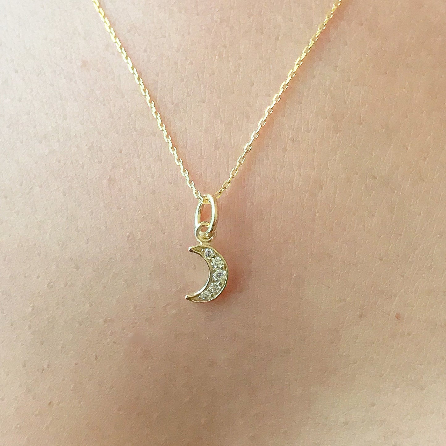 14K Gold Diamond Crescent Moon Necklace