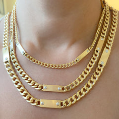 14K Gold Cuban Link Bar Chain Necklace, Medium Size Link