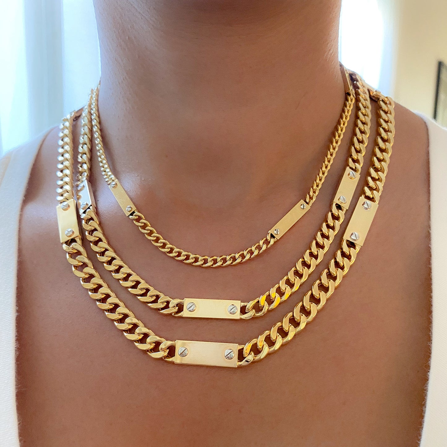 14K Gold Cuban Link Bar Chain Necklace, Small Size Link