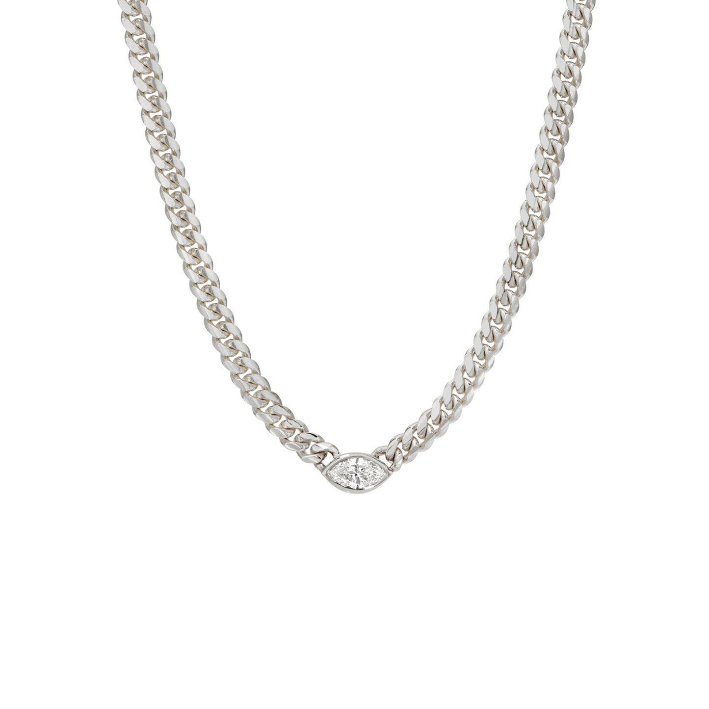 14K Gold Diamond Marquise Solitaire Cuban Link Chain Necklace