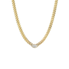 14K Gold Diamond Marquise Solitaire Cuban Link Chain Necklace