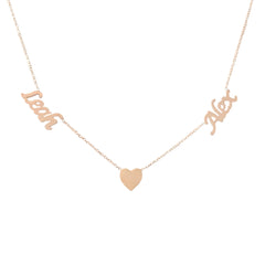 14K Gold Double Name Heart Charm Pendant Necklace ~ Calligraphy Font