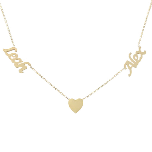 14K Gold Double Name Heart Charm Pendant Necklace ~ Calligraphy Font