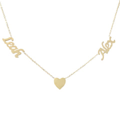 14K Gold Double Name Heart Charm Pendant Necklace ~ Calligraphy Font