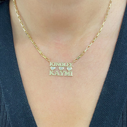 14K Gold Custom Stacked Double Name Charm Necklace ~ Block Font with Diamond Bezel Hearts