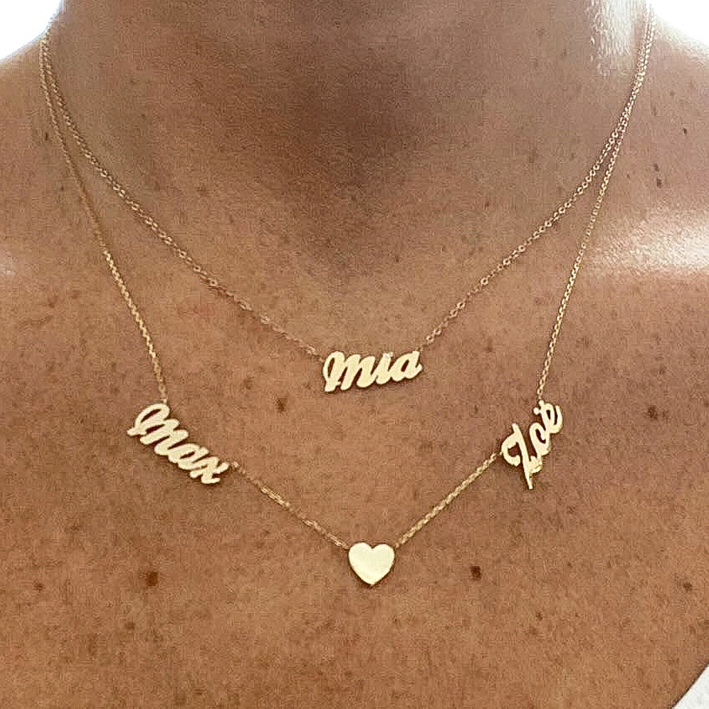 14K Gold Double Name Heart Charm Pendant Necklace ~ Script Font