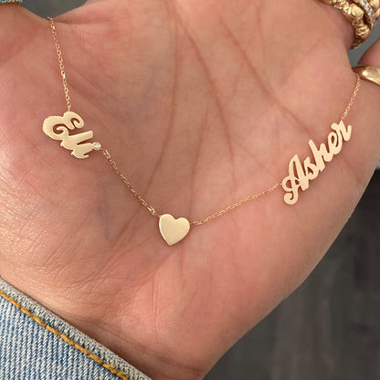 14K Gold Double Name Heart Charm Pendant Necklace ~ Script Font