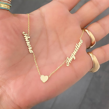 14K Gold Double Name Heart Charm Pendant Necklace ~ Script Font