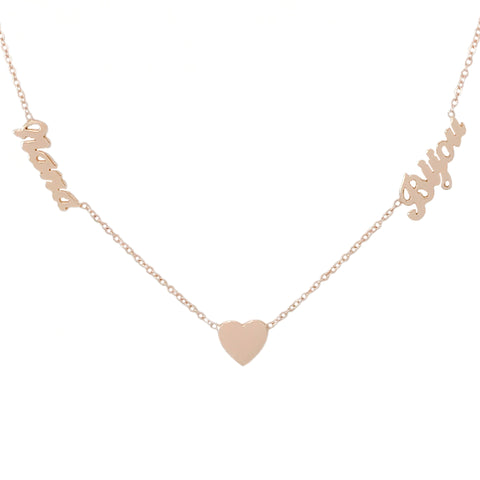 14K Gold Double Name Heart Charm Pendant Necklace ~ Script Font