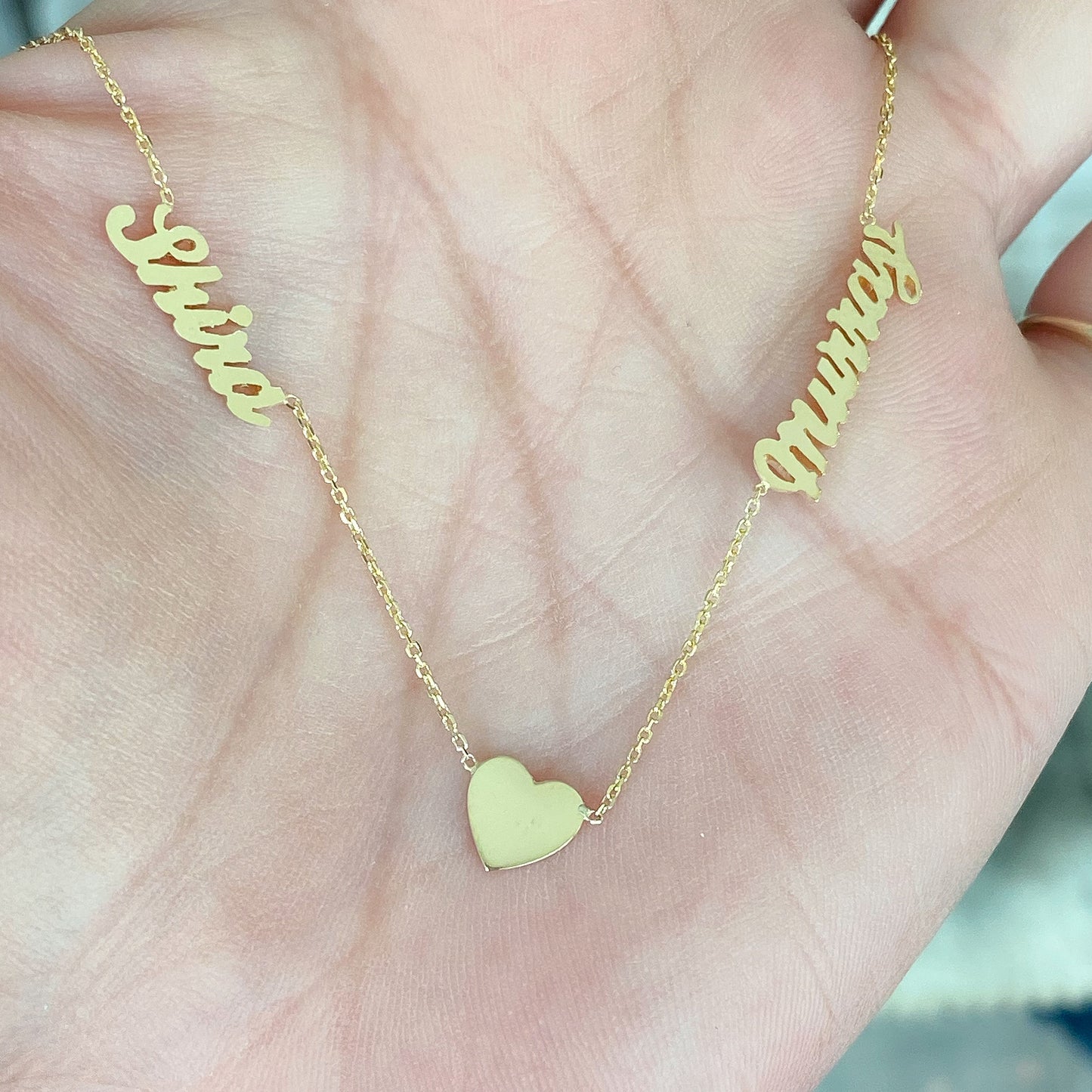 14K Gold Double Name Heart Charm Pendant Necklace ~ Script Font