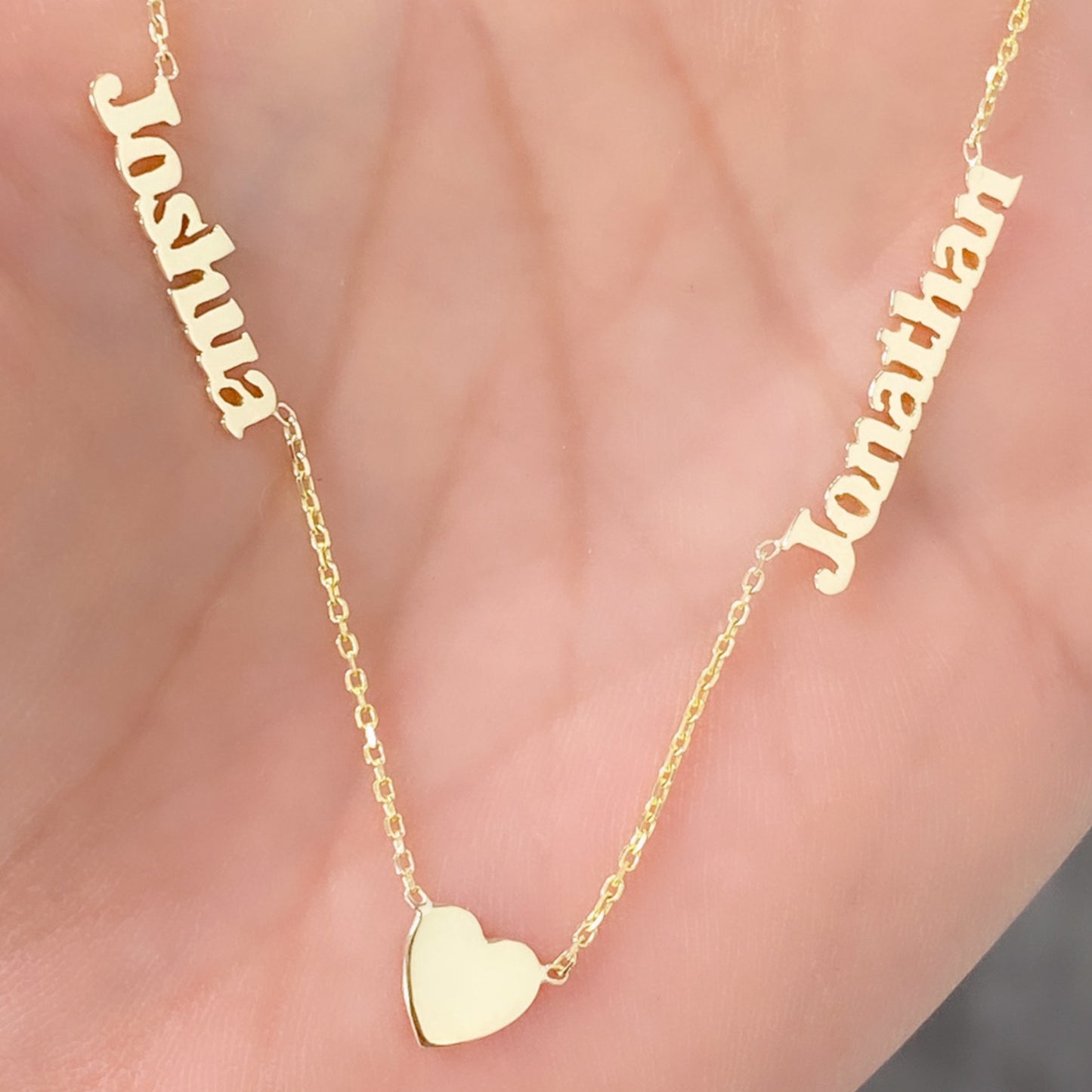 14K Gold Double Name Heart Charm Pendant Necklace ~ Script Font