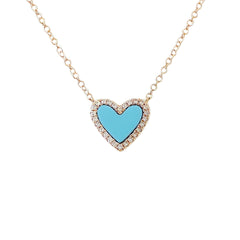Turquoise Inlay & Diamond Halo Heart Solitaire 14K Gold Necklace ~ LIMITED EDITION