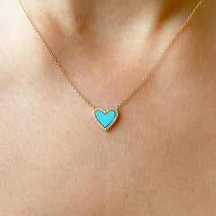 Turquoise Inlay & Diamond Halo Heart Solitaire 14K Gold Necklace ~ LIMITED EDITION