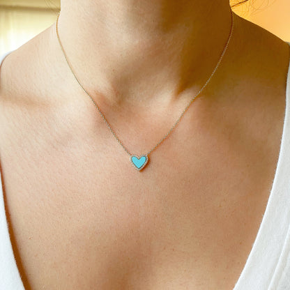 Turquoise Inlay & Diamond Halo Heart Solitaire 14K Gold Necklace ~ LIMITED EDITION