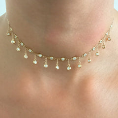 14K Gold Diamond Fringe Choker Charm Necklace