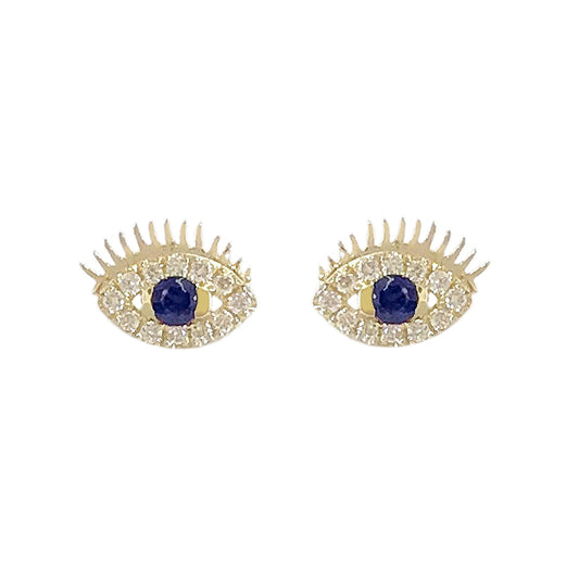 14K Gold Pavé Diamond & Sapphire Evil Eyelash Stud Earrings