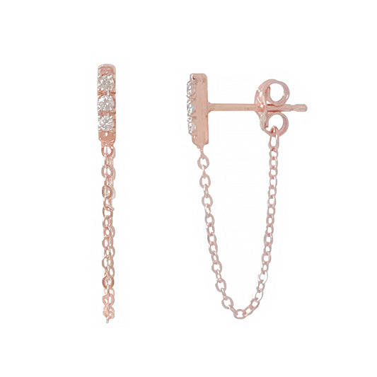 14K Gold Pavé Diamond XS Bar Chain Dangle Stud Earrings
