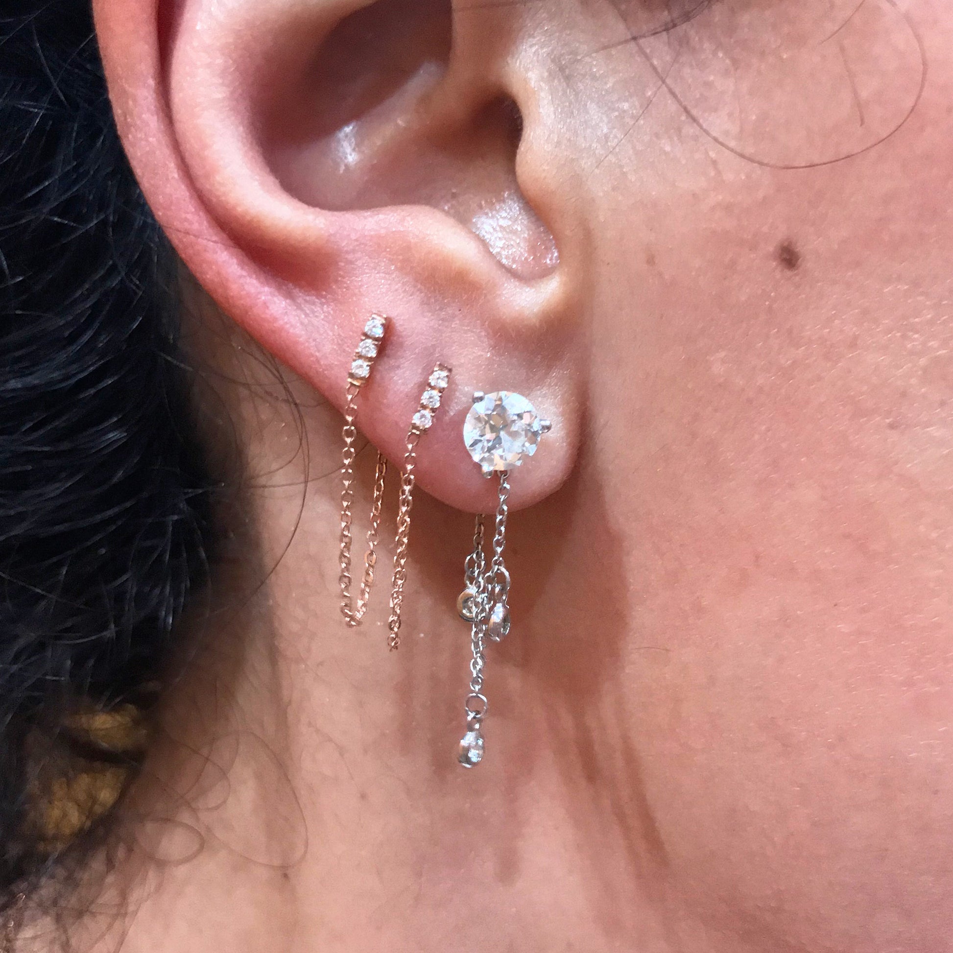 14K Gold Pavé Diamond XS Bar Chain Dangle Stud Earrings