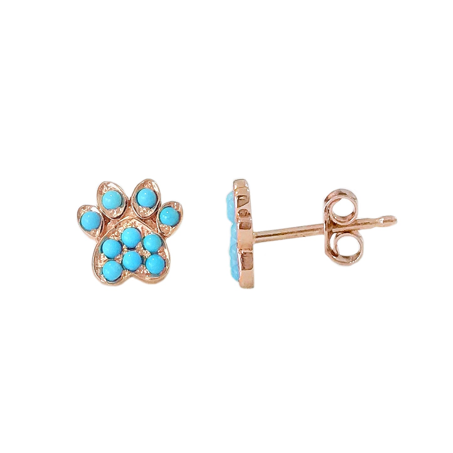 14K Gold Pavé Turquoise Paw Print Stud Earrings