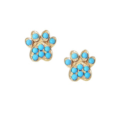 14K Gold Pavé Turquoise Paw Print Stud Earrings