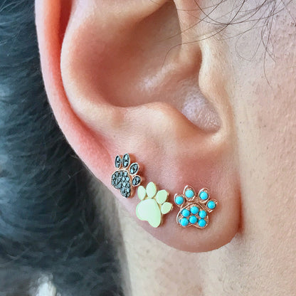 14K Gold Pavé Turquoise Paw Print Stud Earrings