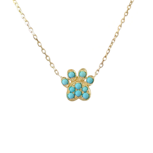 14K Gold Pavé Turquoise Paw Print Charm Pendant Necklace ~ Small Size