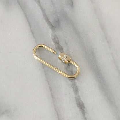 14K Gold Elongated Oval Carabiner Diamond Lock Charm Enhancer, Large Size