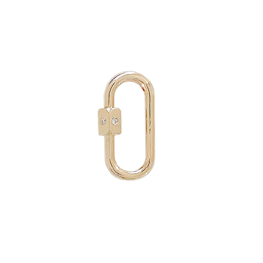 14K Gold Elongated Oval Carabiner Diamond Lock Charm Enhancer, Small Size